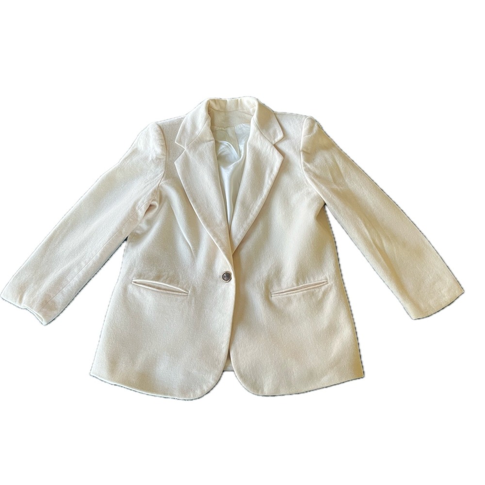 Vintage 70s Cream 100% Wool Blazer Ivory Single Button Jacket Sz 16 Chic Fall